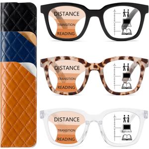 3 Pack Near-range Workspace Progressive Reading Glasses for Women Men Square Oprah Style Blue Light Blocking Readers (Black+gray Tortoise+transparent)