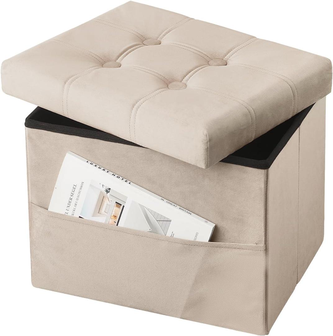 Storage Ottoman Foot Stool, 17 inches Folding Ottoman with Storages, Velvet Storage Bench with Side Pocket, Foot Rest for Living Room, Bedroom (Milky Tea Color)