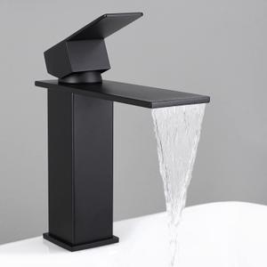 KES Bathroom Sink Faucet Single Hole, Black Bathroom Faucet Waterfall Faucet with Supply Lines for Bathroom Sink, SUS304 Stainless Steel, L3158ALF-BK
