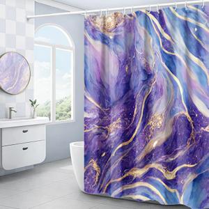 Domoku Purple Blue and Gold Marble Shower Curtain, Cracked Abstract Modern Bathroom Decor, Waterproof Textured Washable Fabric, 72 X 72 (72"W x 72"L (Pack of 1))