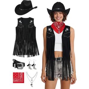 SOMSOC 7Pcs Cowgirl Outfits for Women Western Costume Accessories Cowboy Hat Belt Tassels Vest Bandana Set for Hippie Cosplay, M