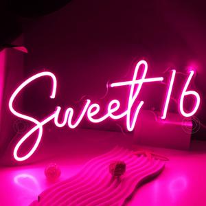 SYLHOME Pink Sweet 16 LED Neon Light Sign 17"X7.3" 5V Sweet Girls Adults Bedroom Happy Birthday Party Wall Decor Beautiful Bestie Sister Gift USB