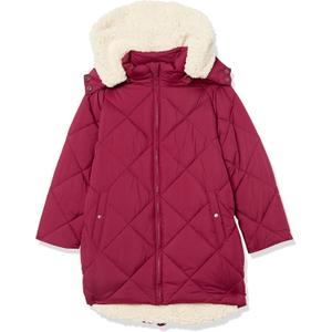 Amazon Essentials Girls and Toddlers' Long Quilted Cocoon Puffer Coat (3T, Ecru Raspberry Red Shearling)