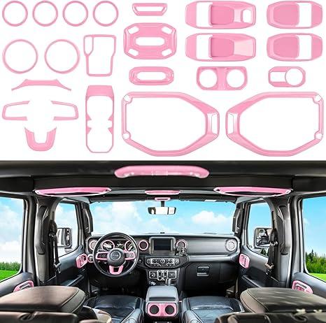 23PCS Full Set Interior Decoration Trim Kit for Jeep Wrangler JL JLU Gladiator JT 2018-2023 Steering Wheel Door Handle Air Conditioning Vent Cup Holder Reading Light Headlight Switch Gear Cover (Pink)