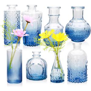 Brajttt Navy Blue Flower Vase Set, Glass Bud Vase in Bulk Set of 8,Artistic and Cultural Flavor Mini Vases for Home Office Decor, Bedroom, Office, Living Room Decorations,Wedding (Navy Blue-8pcs)