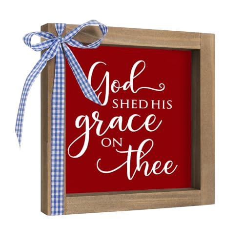pechpell God Shed His Grace on Thee Sign Wooden Patriotic Decor, 6" Memorial Day 4th of July Decorations, Americana Independence Day Indoor Table Wall Shelf Tiered Tray Office Desk Farmhouse Home Decor