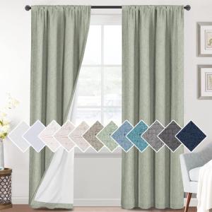 H.VERSAILTEX Linen Look 100% Blackout Curtains 84 Inches Long for Bedroom Full Light Blocking Rod Pocket 42 Inches Wide Linen Textured Thick Window Curtain Drapes with White Backing, Sage, 2 Panels