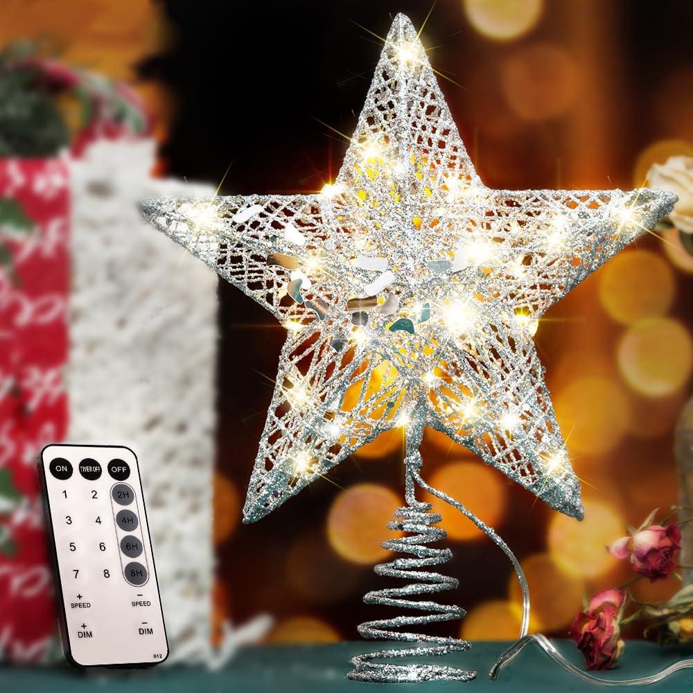 YAUNGEL Christmas Tree Topper, Star Tree Topper with 40 LED and Remote Control Battery Operated Warm Lights Treetop Christmas Decorations, Indoor Home Decor, 10IN Silver