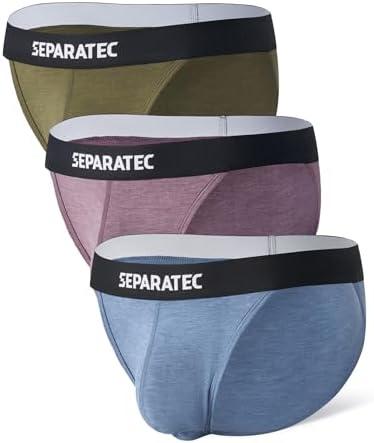 Separatec Men's Bikini Briefs Dual Pouch Bulge Enhancing Soft Support Breathable Mens String Bikini Briefs Tagless 3 Pack(M,Dark Purple/Grey Blue/Olive Green)