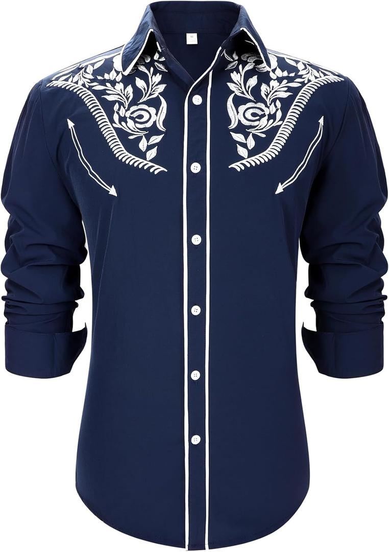 Western Shirts for Men Cowboy Shirts Long Sleeve Embroidered Country Shirt Slim Fit Button Down Shirt Casual Work (Large, Blue)