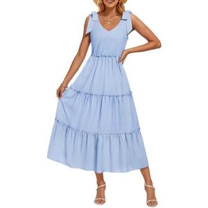 ZESICA Women's 2025 Summer Boho Casual V Neck Sleeveless Midi Dresses Tie Shoulder Flowy Tiered A Line Beach Long Sundress (Medium, Blue)