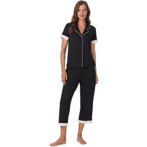 Anne Klein Womens Short Sleeve Button Down Pajama Top & Capri Pant Set - Soft Brushed Sweater Knit - Matching Breathable Lightweight Sleepwear & Loungewear PJs Sets for Women, Black, S