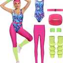 MASSWO Womens Aerobics Costume 80s Workout Outfit 90s Accessories Set Retro Jogging Suit Waist Bag Gym Yoga Running S