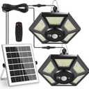 Solar Pendant Lights, Dual Head Solar Shed Lights with Motion Sensor for Outdoor,180 LED Solar Indoor Lights with Remote Control for Barn Gazebo Garage Garden Home (Two Packs)