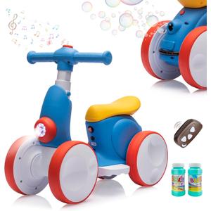 JoyRydz 6V Electric Baby Balance Bike with Bubble Machine,4 in 1 Toddler Balance Bike w/Remote for 1 Year Old Boys Girls Kids Bubble Bike Ride on Toys w/Powered Motor,Music,LED Lights (Blue&Red)