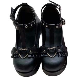 Women's Platform Mary Janes Heart Cat Buckle Rivets Ankle Lolita Gothic Princess Platform Pumps Patent Leather Thorn Vintage Traditional Embroidery Upper Dress Shoes 8.5