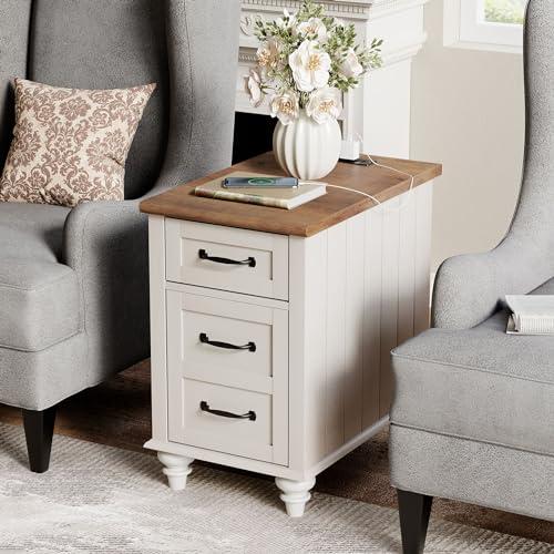 WAMPAT End Table with Charging Station, White Side Table with Storage Cabinet and Drawer, Wood Nightstand with Power Outlets & USB Ports for Bedroom, Living Room