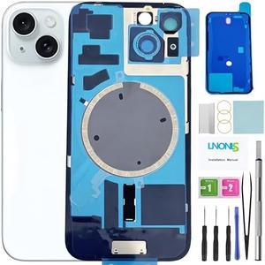 LNONLS 15 Back Glass Replacement for iPhone 15 Rear Back Cover Glass Waterproof and Camera Lens+Professional Repair Tool Kit (Blue)
