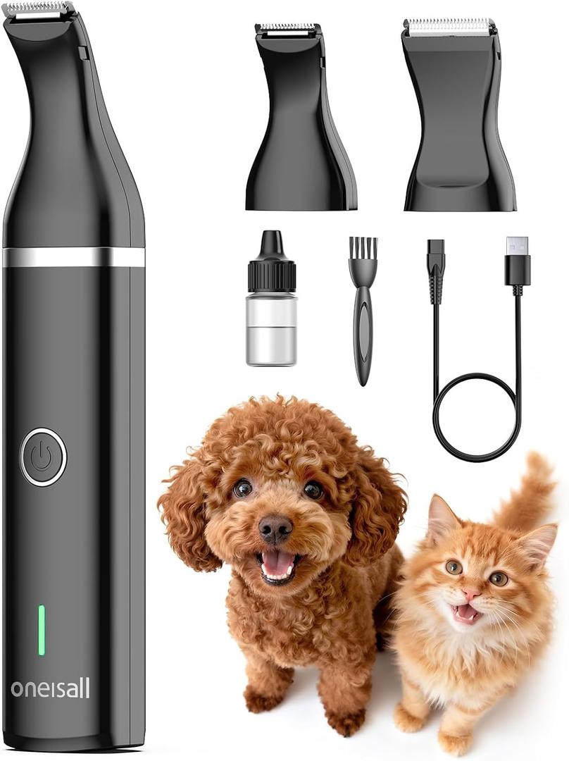 Oneisall Dog Clippers with Double Blades,Cordless Small Pet Hair Grooming Trimmer,Low Noise for Trimming Dog's Hair Around Paws, Eyes, Ears, Face, Rump (Black)