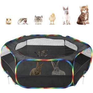 Pawaboo Small Animals Playpen, Waterproof Small Pet Cage Tent with Zippered Cover, Portable Outdoor Yard Fence with 3 Metal Rod for Chick/Kitten/Puppy/Guinea Pig/Rabbits/Hamster, Black + Rainbow
