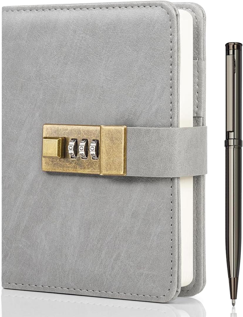WEMATE Fathers Day Gifts Journal with Lock, A6 PU Leather Diary with Lock 192 Pages, Vintage Lock Journal Notebook with Pen & Gift Box, Lock Diary for Men and Women 4.3X 6.18in Light Grey