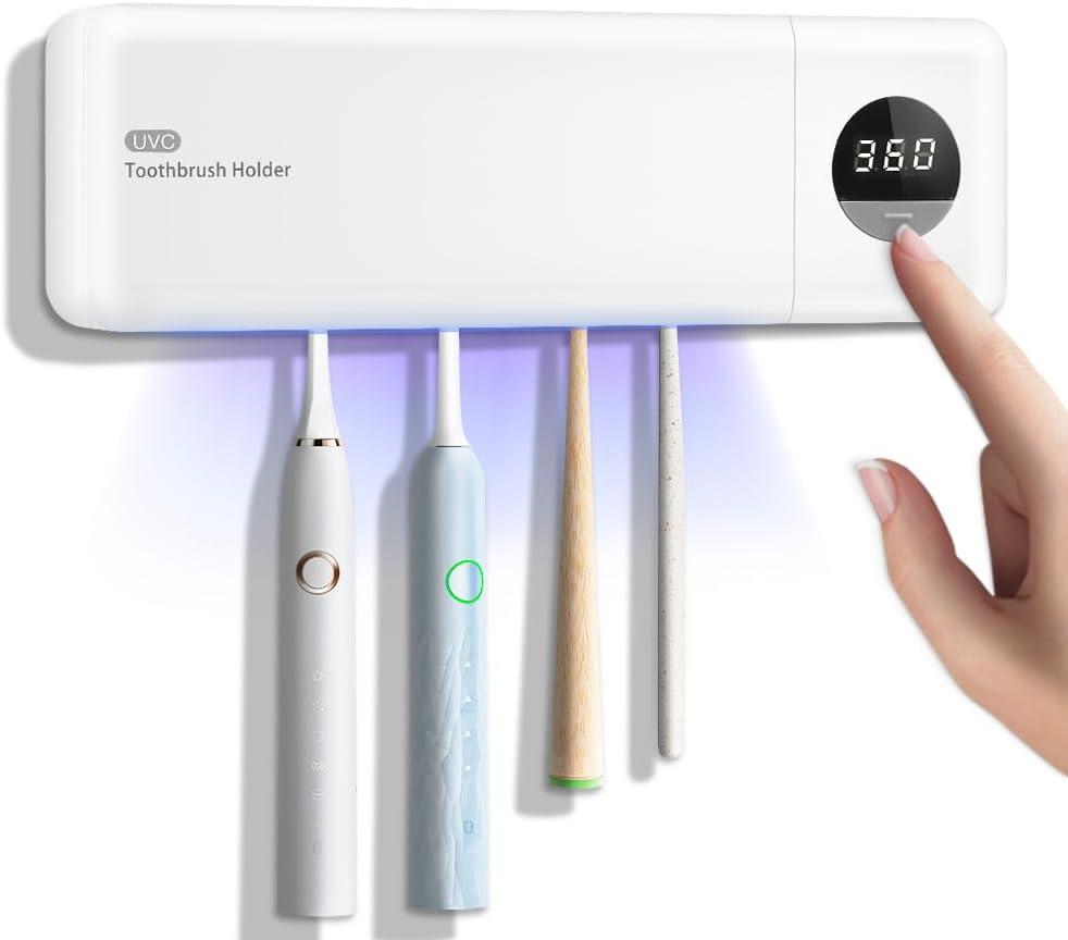 Smart Toothbrush Holder Toothbrush Cleaner and Holder for Bathrooms-4 Toothbrush Slots & Timer Function, Rechargeable Cordless Wall Mounted Toothbrush Holders,Clean,Dry for Home,Travel