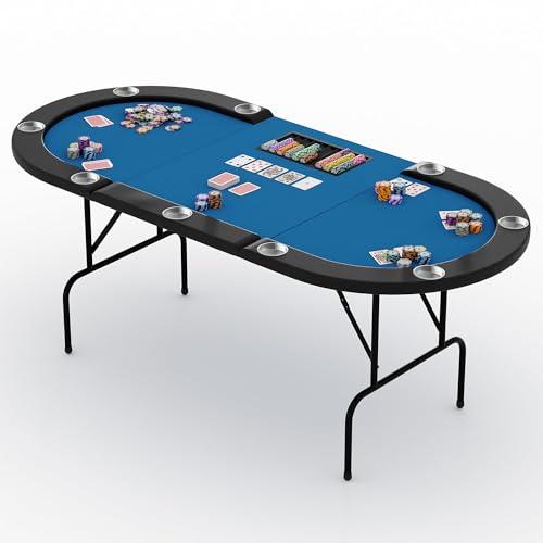 IDEALHOUSE Oval Poker Table with Collapsible Legs, 10 Player Blackjack Gaming Table, Casino Leisure Table with Water-Resistant Cushioned Rail and Stainless Steel Cup Holders,Blue