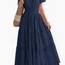 BTFBM Womens Summer 2025 Casual Midi Maxi Dresses Lightweight Short Sleeve V Neck Elastic Waist Boho Beach Dress Pockets Large Blue