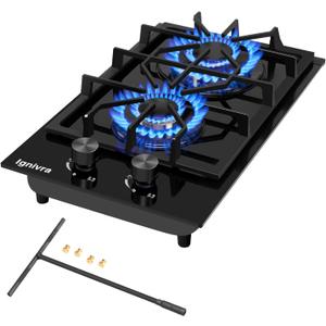 Gas Cooktop 2 Burner,12000W Built-in Gas Stove, Black Crystal Tempered Glass Propane Cooktop, 20.08x12.2" Top Propane Stove Indoor LPG/NG Dual Fuel Hob for Apartment Kitchen RV