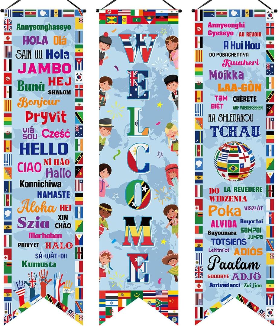 Outus 3 Pcs World Flag Banner Flag Decoration Welcome International Banner Porch Sign Country Flags for International Party Supplies Around the World Sports Events Club Classroom Decor (Cute)