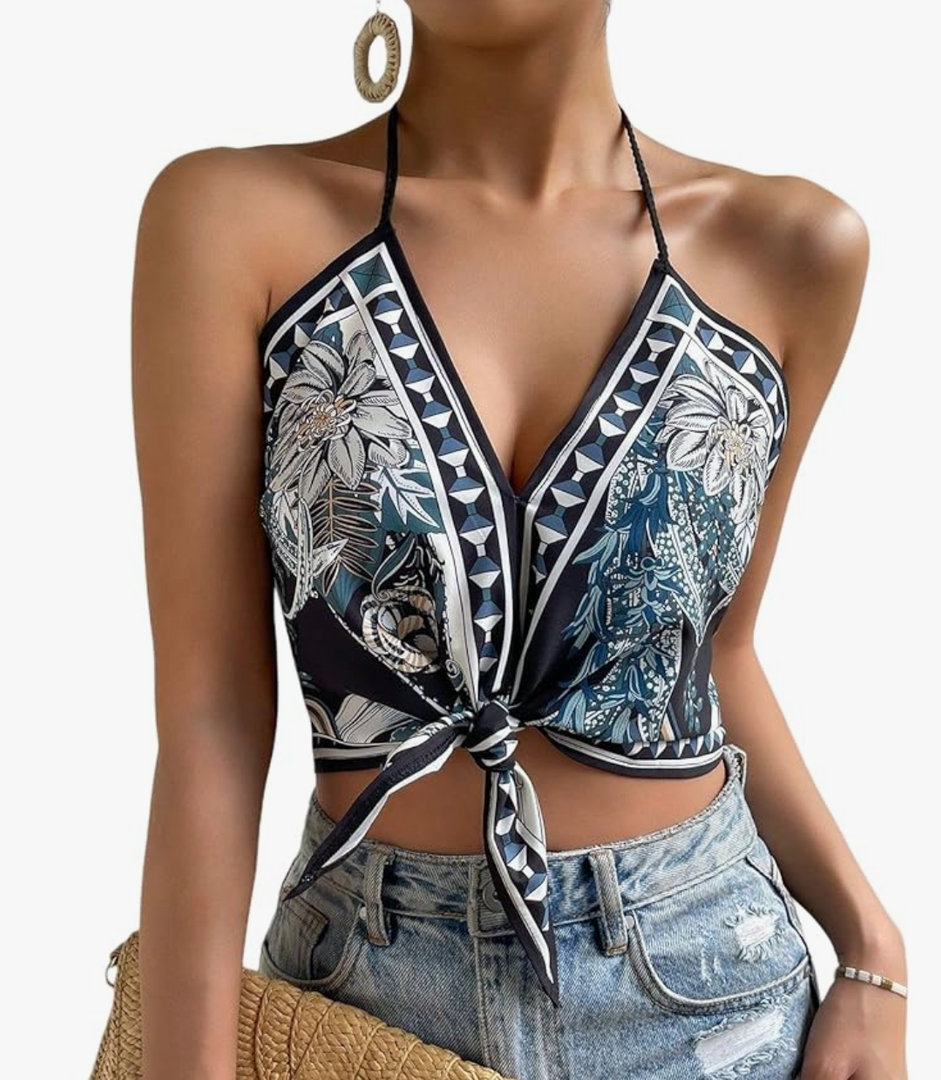 SISKIN Womens Tank Tops Summer Casual Boho Floral Print Halter V Neck Spaghetti Strap Graphic Cami Tank for Women 2025 M