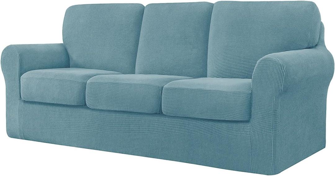 7 Piece Stretch Sofa Covers for 1Base Cover 3 Cushion Couch Cover and 3 Backrest Cover for Living Room Furniture Slipcovers Thicker Jacquard Fabric (Light Blue)