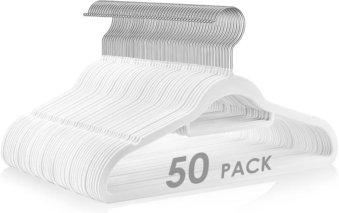 Velvet Hangers Non Slip Felt Hangers, 50 Pack White Velvet Clothes Hangers Space Saving Slim with 360 Degree Swivel Hook for Suits Coats, Jackets, Pants, and Dress Clothes