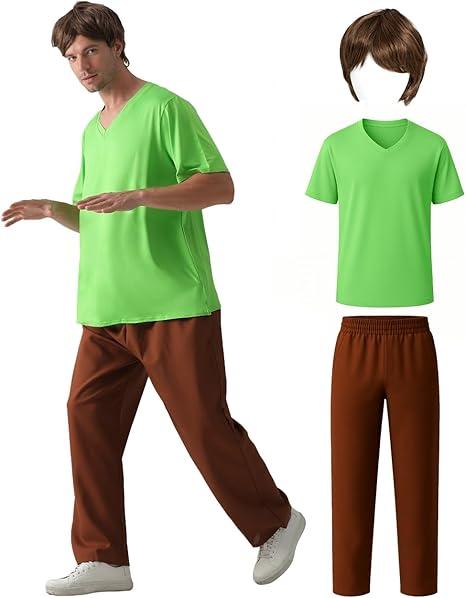 Oerinkend Men's Halloween Deluxe Costume Set  Complete Outfit with Brown Wig, Green TShirt, Brown Pants (Small) Size S