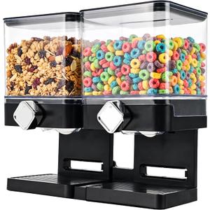 Dual Cereal Dispenser, 7.4L Large Cereal Storage Container with 2 * 3.7L Compartments, Countertop Rotating Grain Dispenser with Transparent Bins, for Cereal, Oats, Rice, Beans, Snacks
