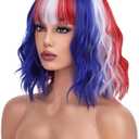 WTHCOS Red White Blue Wigs for Women Girls American Flag Wig 4th of July Wigs Short Curly Wavy Wigs With Bangs Fourth of July Party Wig