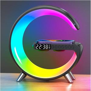 Smart LED Table Lamp, 4-in-1 Wireless Charger, Night Light, Alarm Clock, and Bluetooth Speaker with App Control for Bedroom, Office, and Home Decor (Black)