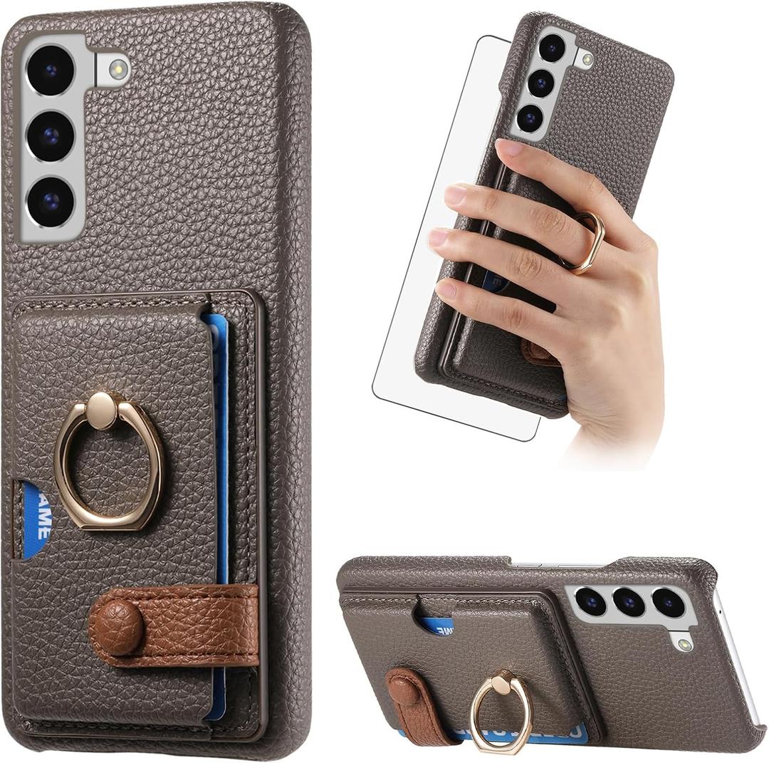 Asuwish Phone Case for Samsung Galaxy S22 5G Wallet Cover with Tempered Glass Screen Protector and Thin Slim Ring Stand Credit Card Holder Leather Cell Accessories S 22 22S 4G G5 6.1 inch Gray