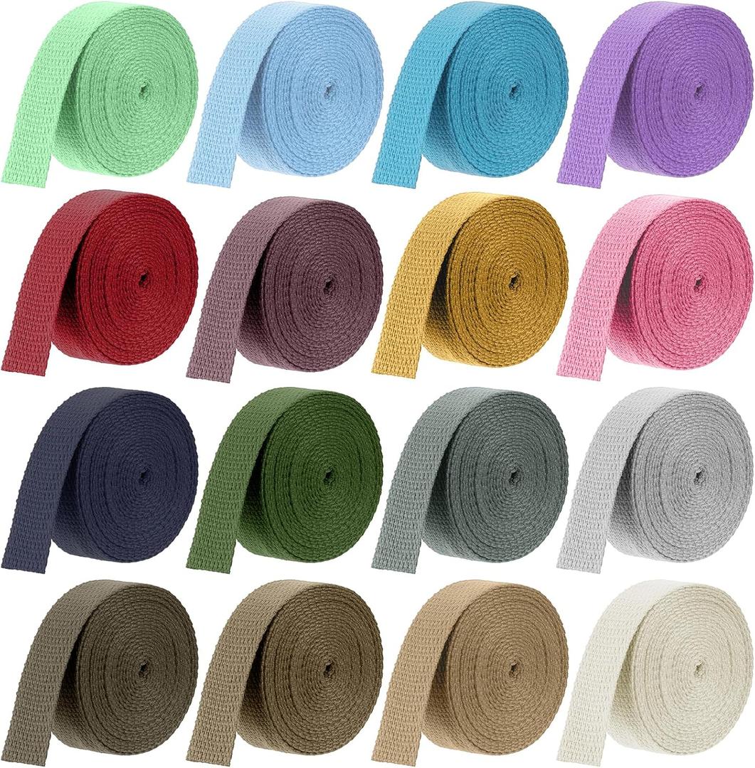 Vin Beauty 16 Rolls Cotton Webbing Strap 1 Inch Wide 3.3 Yard Polyester Webbing Straps for Bag Making Supplies, 16 Colors Nylon Twill Tape Strapping for Pets, DIY Crafts Furniture Backpack, Gardening (multicolor)