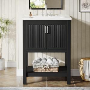 Tribesigns 24" Bathroom Vanity with Sink, Solid Wooden Frame Freestanding Vanity with Ceramic Porcelain Basin, 2-Door Storage Cabinet & Open Shelf for Small Bathroom, Industrial, Black
