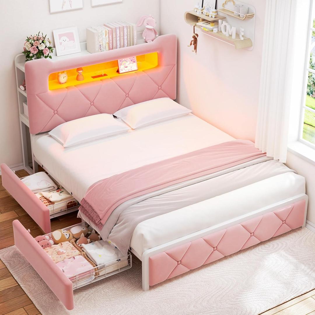 Queen Upholstered LED Bed Frame with 2 Storage Drawers and 2-Tier Storage Headboard, Velvet Princess Platform Bed with Charging Station & Bookcase, Heavy Duty Metal Support, No Box Spring Needed, Pink