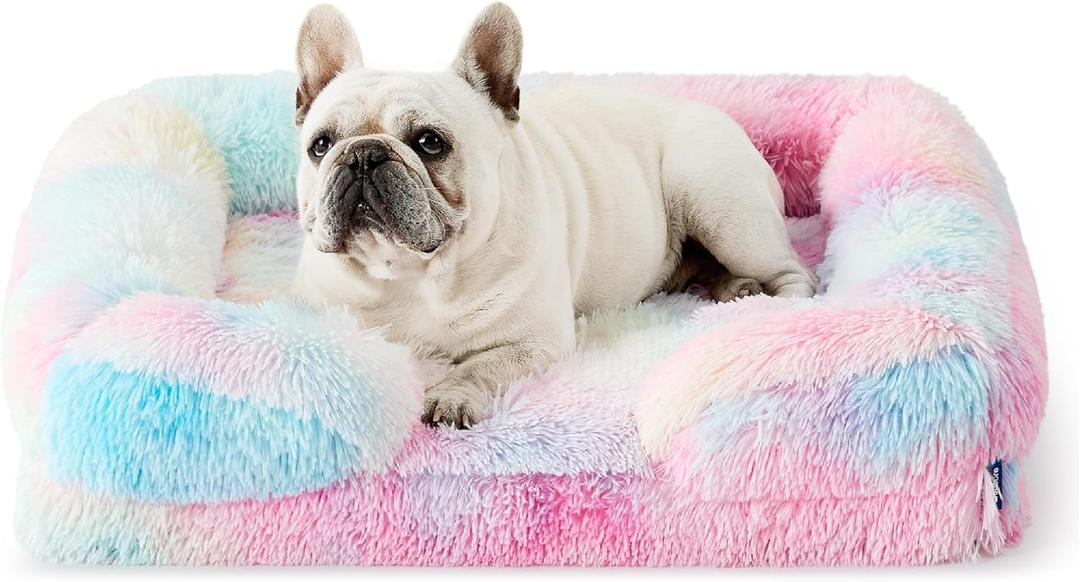Bedsure Orthopedic Dog Bed for Medium Dogs - Calming Waterproof Dog Sofa Beds Medium, Supportive Foam Pet Couch Bed with Removable Washable Cover, Waterproof Lining and Nonskid Bottom, Multi Color (28.0"L x 23.0"W x 6.5"Th, Long Faux Fur-Multi Color)