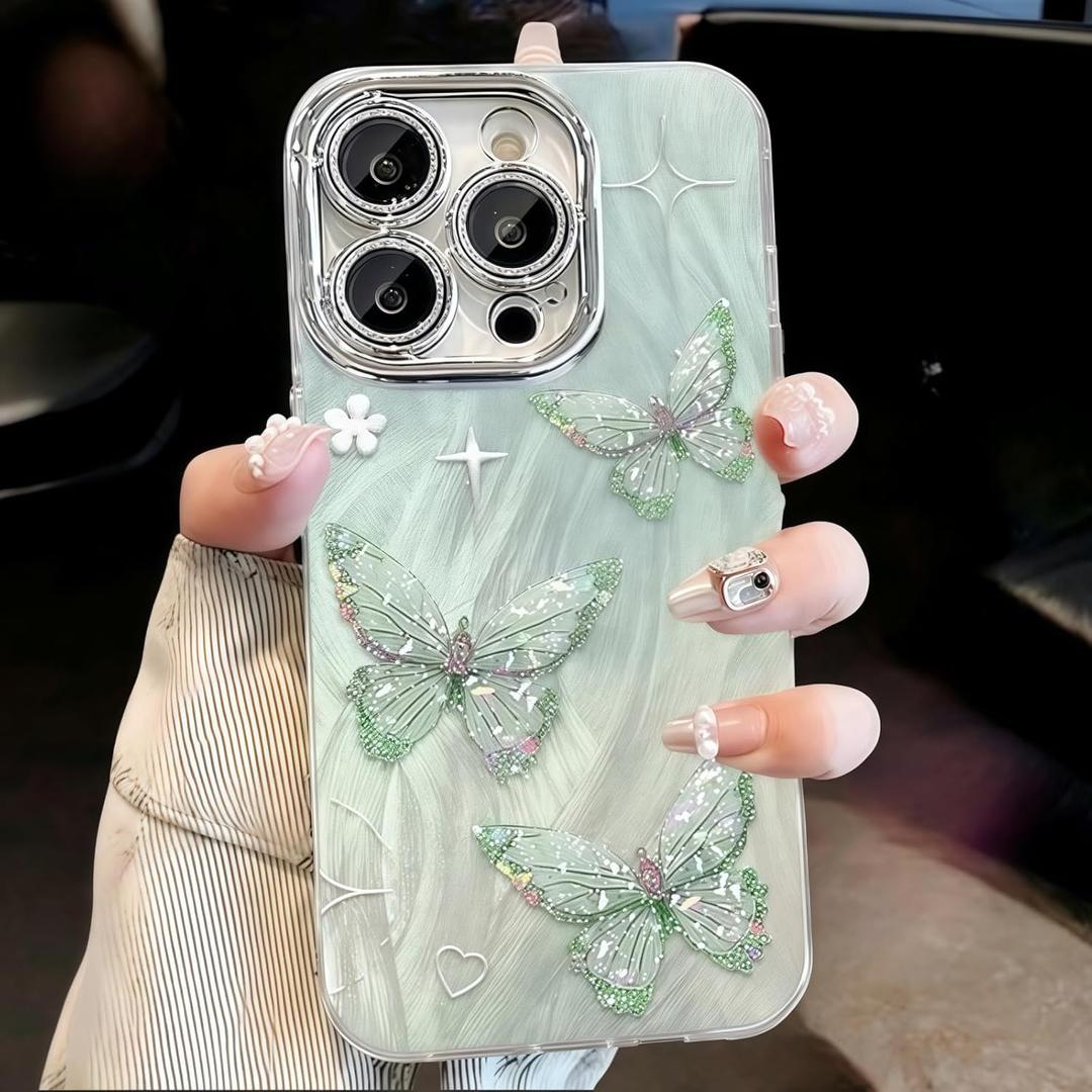 2 x for iPhone 16 Plus Butterfly Design Case, Cute Bling Shiny Glitter Camera Shockproof Protective Phone Cases Cover for Women Girls (Green)