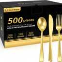 500PCS Premium Heavy Duty Gold Plastic Silverware, 200 Forks, 150 Spoons, 150 Knives, For Parties, Weddings and Baby Shower, BPA-Free, Disposable Plastic Cutlery Dinnerware Utensils Set