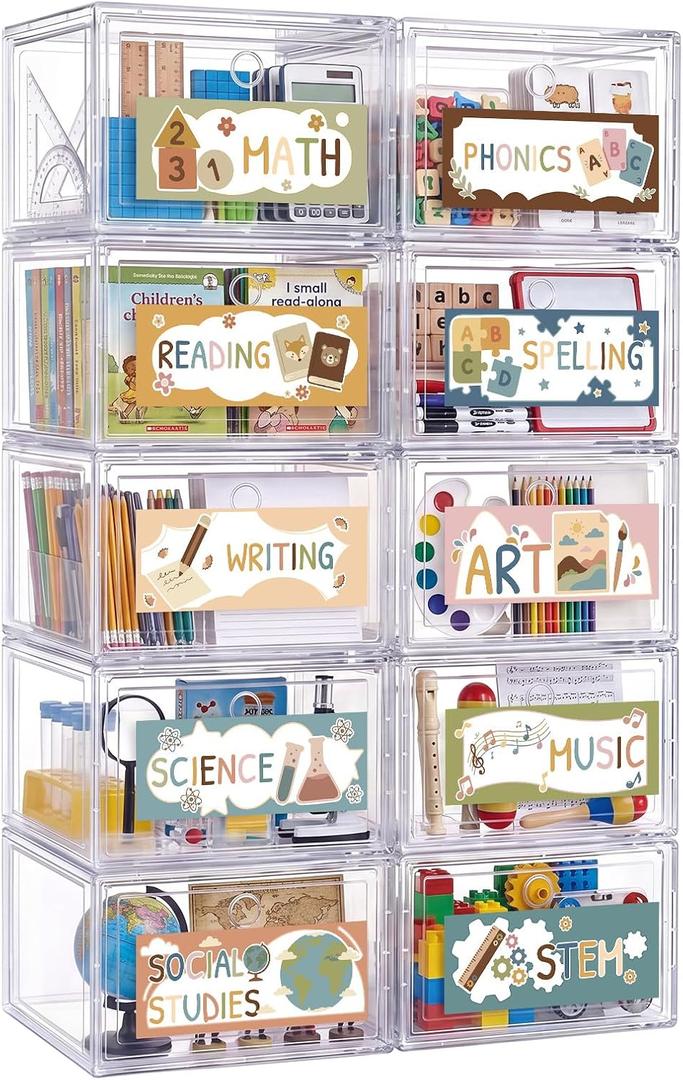 10-shelf School Subject Storage Organizer Clear Plastic Drawer Bins with Classroom Subject Labels Stackable Storage Organizer for School Supplies Homeschool Classroom Organization for Kids