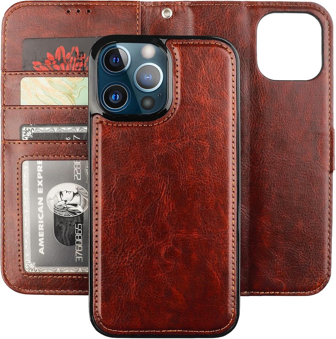 Bocasal Detachable Wallet Case for iPhone 13 Pro Max RFID Blocking Card Slots Holder Premium PU Leather Magnetic Kickstand Shockproof Wrist Strap Removable Flip Protective Cover 5G 6.7 inch (Brown)