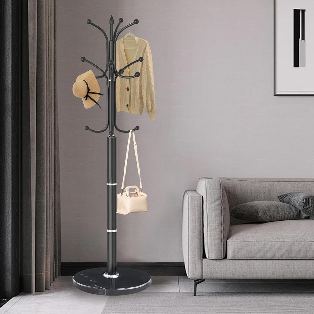 Metal Coat Rack Stand, Modern Freestanding Coat Rack with Natural Marble Base, Black Coat Racks and Coat Hall Tree Hanger Stand with 12 Hooks for Entryway, Hallway, Office