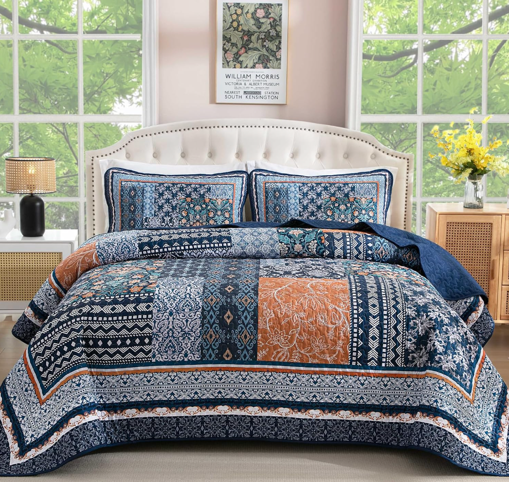 DIY Patchwork Quilt Set California King size Navy blue 112x86