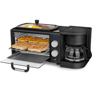 Nostalgia 3-in-1 Retro Breakfast Station - Includes 5 Cup Coffee Maker, Non-Stick Ceramic Griddle, and 4-Slice Toaster Oven - Built-In Timer, Reusable Coffee Filter, Space-Saving Design - Black