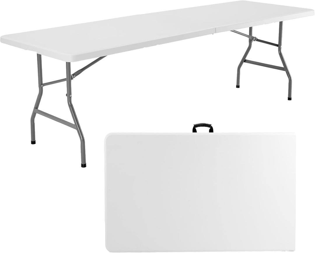 Sweetcrispy 8ft Folding Table Outdoor Indoor Heavy Duty Portable Desk with Carrying Handle for Camping Picnic Party (White)